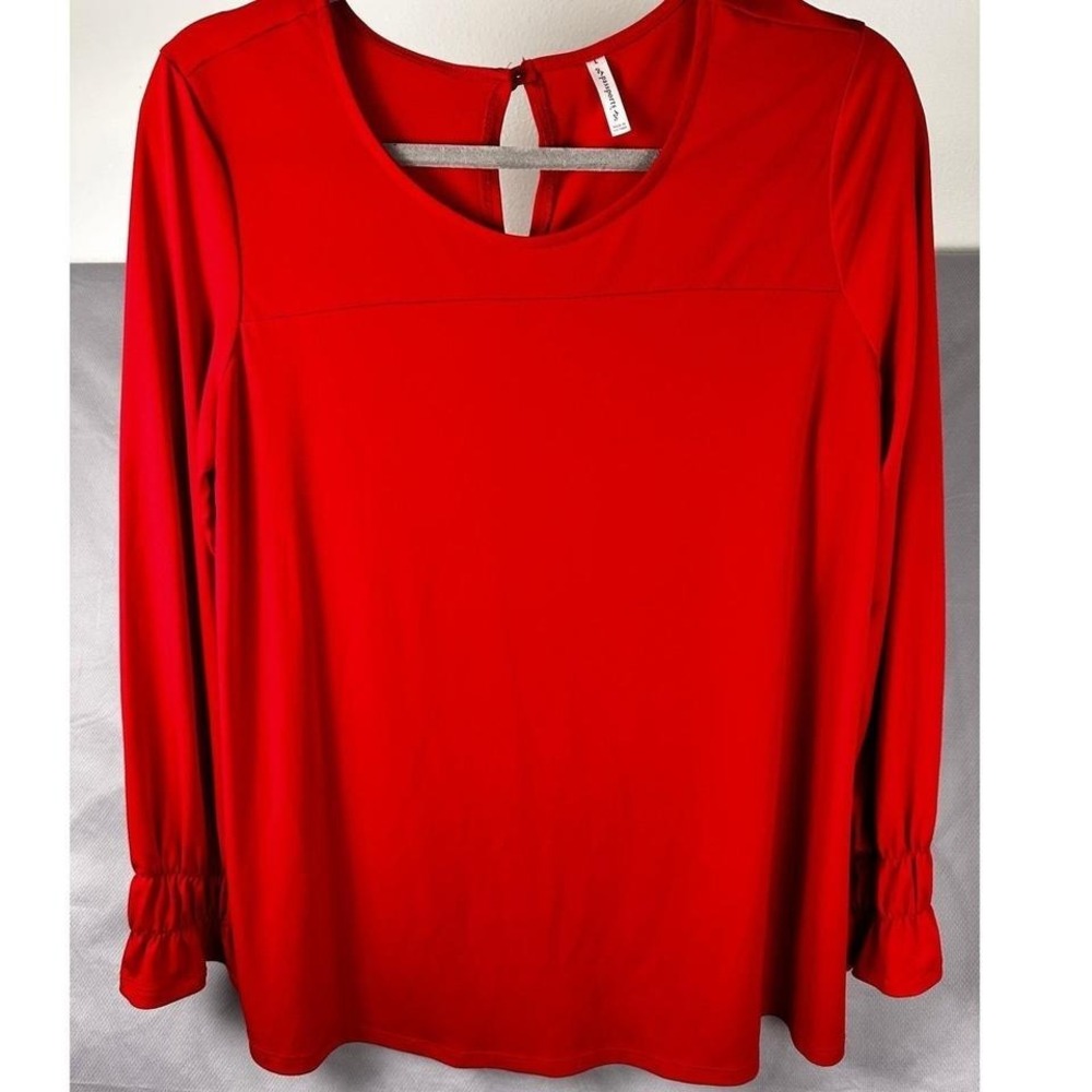 Passports Red Long Sleeve Smocked Cuff Keyhole Back Blouse Top Womens Large